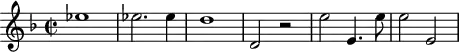 
\header {
  tagline = ##f
}
\score {
  \new Staff \with {
  }
<<
  \relative c'' {
    \key f \major
    \time 2/2
    \tempo 2 = 80
    \override TupletBracket #'bracket-visibility = ##f 
    %\autoBeamOff
    \set Staff.midiInstrument = #"French horn"
     %%%%%%%%%%%%%%%%%%%%%%%%%% AB 3-4 th1
     ees1 ees!2. ees4 d1 d,2 r2 e'2 e,4. e'8 e2 e, 
  }
>>
  \layout {
    \context { \Score \remove "Metronome_mark_engraver"
    }
  }
  \midi {}
}
