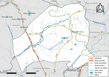 Carte en couleur présentant le réseau hydrographique de la commune