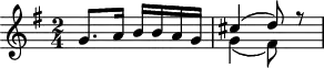 
\header {
  tagline = ##f
}
\score {
  \new Staff \with {
  }
<<
  \relative c'' {
    \key g \major
    \time 2/4
    \override TupletBracket #'bracket-visibility = ##f 
    \autoBeamOff
     %%%%%%%%%%% K 63
     g8.[ a16] b16[ b a g]
<<  { cis4( d8) r8 } \\ { g,4( fis8) s8 } >>
  }
>>
  \layout {
    \context {
      \remove "Metronome_mark_engraver"
    }
  }
  \midi {}
}
