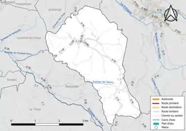 Carte en couleur présentant le réseau hydrographique de la commune