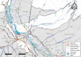 Carte en couleur présentant le réseau hydrographique de la commune