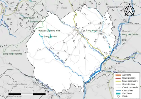 Carte en couleur présentant le réseau hydrographique de la commune