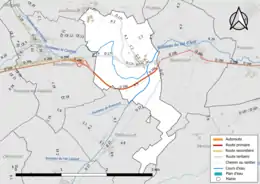 Carte en couleur présentant le réseau hydrographique de la commune