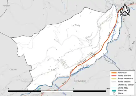 Carte en couleur présentant le réseau hydrographique de la commune