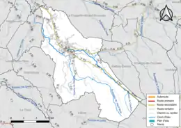 Carte en couleur présentant le réseau hydrographique de la commune