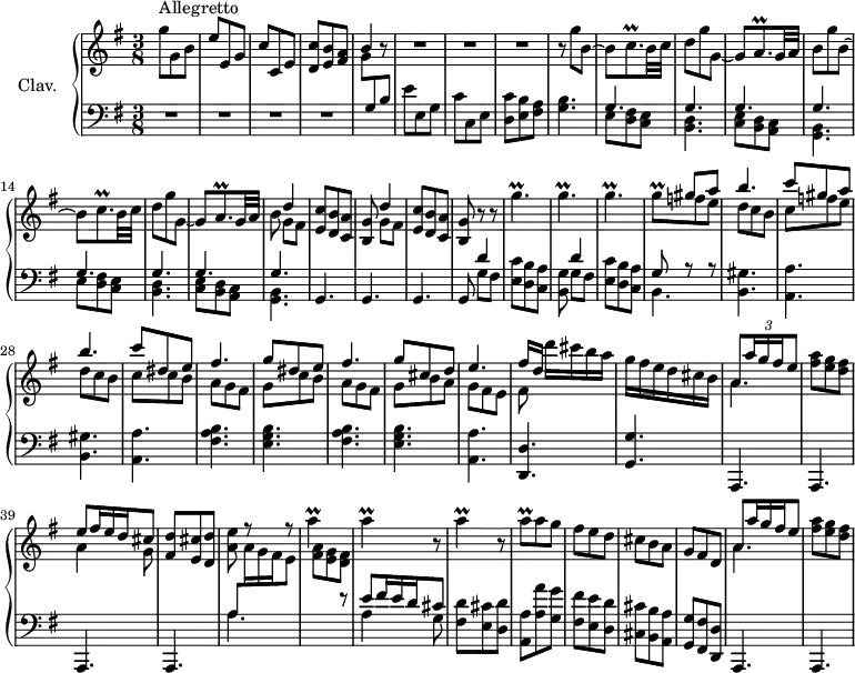 
\version "2.18.2"
\header {
  tagline = ##f
  % composer = "Domenico Scarlatti"
  % opus = "K. 538"
  % meter = "Allegretto"
}
%% les petites notes
trillCqp     = { \tag #'print { c8.\prall } \tag #'midi { d32 c d c~ c16 } }
trillAqp     = { \tag #'print { a8.\prall } \tag #'midi { b32 a b a~ a16 } }
trillGpUp    = { \tag #'print { g''4.\prall } \tag #'midi { a32 g a g~ g4 } }
trillGq      = { \tag #'print { g8^\prall } \tag #'midi { a32 g a g } }
trillA       = { \tag #'print { a4\prall } \tag #'midi { b32 a b a~ a8 } }
trillAq      = { \tag #'print { a8\prall } \tag #'midi { b32 a b a } }
upper = \relative c'' {
  \clef treble 
  \key g \major
  \time 3/8
  \tempo 4. = 72
      s8*0^\markup{Allegretto}
      g'8 g, b | e e, g | c c, e | < d c' > < e b' > < fis a > | \stemUp b4 r8 | R4.*3 \stemNeutral |
      % ms. 9
      r8 \repeat unfold 2 { g'8 b,~ | b \trillCqp b32 c | d8 g g,~ | g \trillAqp g32 a | b8 }
      % ms. 17 suite…
      \repeat unfold 2 { << { d4 } \\ { g,8 fis } >> | < e c' >8 < d b' > < c a' > | < b g' > } r8 r8 | \repeat unfold 3 { \trillGpUp } |
      % ms. 25
      << { s8 \repeat unfold 2 { gis8 a | b4. | c8 } dis, e | fis4. } 
       \\ { \trillGq \repeat unfold 2 { f8 e | d c b | c } | c8 b | a g fis } >> 
      % ms. 31
      << { g'8 dis e | fis4. | g8 cis, d | e4. | fis16[ d] } 
       \\ { g,8 c b | a g fis | g b a | g fis e | fis8 } >>
      d''16 cis b a | g fis e d cis b  | 
      << { a8 \times 2/3 { a'16 g fis } e8 } 
       \\ { \mergeDifferentlyDottedOn a,4. } >>
      % ms. 38
      < fis' a >8 < e g > < d fis > | 
      << { e8 \omit TupletNumber  \times 2/3 { fis16 e d } cis8 } 
       \\ { a4 g8 } >> |
      \shiftOn < fis d' >8 < e cis' > < d d' > | < a' e' > f'8\rest f8\rest | \repeat unfold 3 { \trillA r8 }
      % ms. 45
      \trillAq a8 g | fis e d | cis b a | g fis d | 
      << { a'8 \omit TupletNumber  \times 2/3 { a'16 g fis } e8 } 
       \\ { \mergeDifferentlyDottedOn a,4. } >> | < fis' a >8 < e g > < d fis > |
}
lower = \relative c' {
  \clef bass
  \key g \major
  \time 3/8
    % ************************************** \appoggiatura a16  \repeat unfold 2 {  } \times 2/3 { }   \omit TupletNumber 
      R4.*4 \stemDown \change Staff = "upper" | g'8 \stemNeutral \change Staff = "lower" g, b | e e, g | c c, e |
      % ms. 8
      < d c' >8 < e b' > < fis a > | < g b >4. | \repeat unfold 2 { << { g4. g g g } \\ { e8 < d fis > < c e > | < b d >4. | < c e >8 < b d > < a c > | < g b >4. } >> }
      % ms. 18
      g4. g g | g8 << { d''4 } \\ { g,8 fis } >> | < e c' >8 < d b' > < c a' > |
      % ms. 23
      < b g' >8 << { d'4 } \\ { g,8 fis } >> | < e c' >8 < d b' > < c a' > | << { g'8 r8 r8 } \\ { b,4. } >> | \repeat unfold 2 { < b gis' >4. < a a' > } | \repeat unfold 2 { < fis' a b >4.
      % ms. 31
      < e g b >4. } | < a, a' >4. < d, d' > < g g' > | \repeat unfold 4 { a,4. } |
      % ms. 41
      << { a''8 \omit TupletNumber  \stemDown \change Staff = "upper" \times 2/3 { a'16 g fis } e8 } \\ { \mergeDifferentlyDottedOn a,4. } >> \stemDown \change Staff = "upper"  | < fis' a >8 < e g > < d fis > \stemNeutral \change Staff = "lower" | << { e8 \omit TupletNumber  \times 2/3 { fis16 e d } cis8 } \\ { a4 g8 } >> | < fis d' >8 < e cis' > < d d' >
      % ms. 45
      < a a' >8 < a' a' > < g g' > < fis fis' > < e e' > < d d' > | < cis cis' > < b b' > < a a' > | < g g' > < fis fis' > < d d' > | a4. a 
}
thePianoStaff = \new PianoStaff <<
    \set PianoStaff.instrumentName = #"Clav."
    \new Staff = "upper" \upper
    \new Staff = "lower" \lower
  >>
\score {
  \keepWithTag #'print \thePianoStaff
  \layout {
      #(layout-set-staff-size 17)
    \context {
      \Score
     \override TupletBracket.bracket-visibility = ##f
     \override SpacingSpanner.common-shortest-duration = #(ly:make-moment 1/2)
      \remove "Metronome_mark_engraver"
    }
  }
}
\score {
  \keepWithTag #'midi \thePianoStaff
  \midi { \set Staff.midiInstrument = #"harpsichord" }
}
