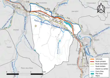 Carte en couleur présentant le réseau hydrographique de la commune