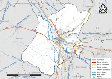 Carte en couleur présentant le réseau hydrographique de la commune