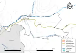 Carte en couleur présentant le réseau hydrographique de la commune