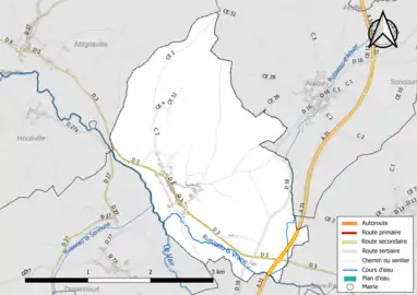 Carte en couleur présentant le réseau hydrographique de la commune