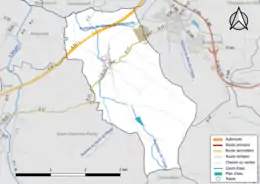 Carte en couleur présentant le réseau hydrographique de la commune