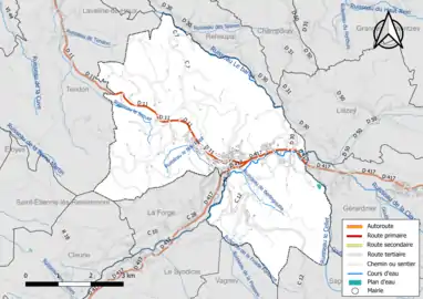 Carte en couleur présentant le réseau hydrographique de la commune