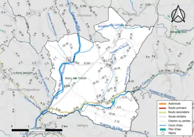 Carte en couleur présentant le réseau hydrographique de la commune