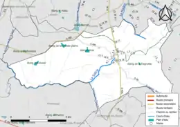 Carte en couleur présentant le réseau hydrographique de la commune