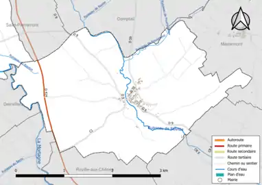 Carte en couleur présentant le réseau hydrographique de la commune