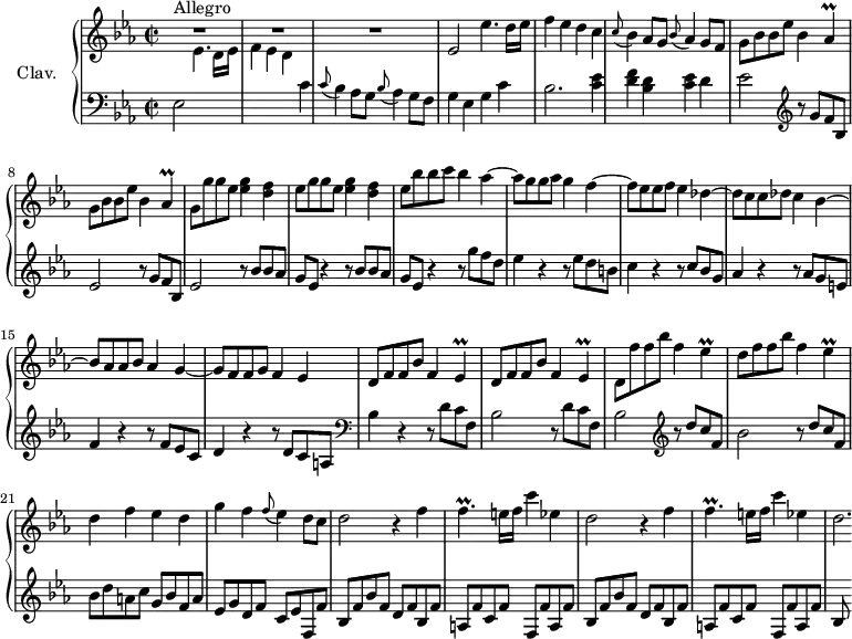 
\version "2.18.2"
\header {
  tagline = ##f
  % composer = "Domenico Scarlatti"
  % opus = "K. 192"
  % meter = "Allegro"
}
%% les petites notes
trillAesp     = { \tag #'print { aes4\prall } \tag #'midi { bes32 aes bes aes~ aes8 } }
trillEesp     = { \tag #'print { ees4\prall } \tag #'midi { f32 ees f ees~ ees8 } }
trillFp       = { \tag #'print { f4.\prall } \tag #'midi { g32 f g f~ f4 } }
upper = \relative c'' {
  \clef treble 
  \key ees \major
  \time 2/2
  \tempo 2 = 72
  \set Staff.midiInstrument = #"harpsichord"
  \override TupletBracket.bracket-visibility = ##f
      s8*0^\markup{Allegro}
      R1*3 | ees,2 ees'4. d16 ees |
      % ms. 5
      f4 ees d c | \appoggiatura c8 bes4 aes8 g \appoggiatura bes8 aes4 g8 f  | \repeat unfold 2 { g8 bes bes ees bes4 \trillAesp }
      % ms. 9
      g8 \repeat unfold 2 { g' g ees < ees g >4 < d f > | ees8 } bes' bes c bes4 aes4~ | aes8 g g aes g4 f~ |
      % ms. 13
      f8 ees ees f ees4 des~ | des8 c c des c4 bes~ | bes8 aes aes bes aes4 g~ | g8 f f g f4 ees |
      % ms. 17
      \repeat unfold 2 { d8 f f bes f4 \trillEesp } | d8 f' f bes f4 \trillEesp | d8 f f bes f4 \trillEesp |
      % ms. 21
      d4 f ees d | g f \appoggiatura f8 ees4 d8 c | \repeat unfold 2 { d2 r4 f4 | \trillFp e16 f c'4 ees, } |
      % ms. 25
      d2.*1/4
}
lower = \relative c' {
  \clef bass
  \key ees \major
  \time 2/2
  \set Staff.midiInstrument = #"harpsichord"
  \override TupletBracket.bracket-visibility = ##f
    % ************************************** \appoggiatura a16  \repeat unfold 2 {  } \times 2/3 { }   \omit TupletNumber 
      ees,2 \stemDown \change Staff = "upper" ees'4. d16 ees | f4 ees d \stemNeutral \change Staff = "lower" c | \appoggiatura c8 bes4 aes8 g \appoggiatura bes8 aes4 g8 f  | g4 ees g c |
      % ms. 5
      bes2. < c ees >4 | < d f > < bes d > < c ees > d | ees2   \clef treble \repeat unfold 2 { r8 g8 f bes, |
      % ms. 9
      ees2 } \repeat unfold 2 { r8 bes'8 bes aes | g ees r4 } r8 g'8 f d | ees4 r4 r8 ees8 d b |
      % ms. 13
      c4 r4 r8 c8 bes g | aes4 r4 r8 aes8 g e | f4 r4 r8 f8 ees c | d4 r4 r8 d8 c a | \clef bass 
      % ms. 17
      bes4 r4 \repeat unfold 2 { r8 d8 c f, | bes2 } \clef treble r8 d'8 c f, bes2 r8 d8 c f, |
      % ms. 21
      bes8 d a c g bes f a | ees g d f c ees f, f' |  \repeat unfold 2 { bes, f' bes f d f bes, f' | a, f' c f f, f' a, f' } |
      % ms. 25
      bes,8
}
thePianoStaff = \new PianoStaff <<
    \set PianoStaff.instrumentName = #"Clav."
    \new Staff = "upper" \upper
    \new Staff = "lower" \lower
  >>
\score {
  \keepWithTag #'print \thePianoStaff
  \layout {
      #(layout-set-staff-size 17)
    \context {
      \Score
     \override SpacingSpanner.common-shortest-duration = #(ly:make-moment 1/2)
      \remove "Metronome_mark_engraver"
    }
  }
}
\score {
  \keepWithTag #'midi \thePianoStaff
  \midi { }
}
