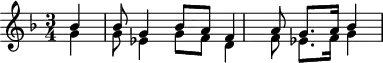 
\header {
  tagline = ##f
}
\score {
  \new Staff \with {
  }
<<
  \relative c'' {
    \key f \major
    \time 3/4
    \override TupletBracket #'bracket-visibility = ##f 
    \autoBeamOff
     %%%%%%% K 83
     \partial 4
     << { bes4 bes8 g4 bes8 a8 f4 a8 g8.[ a16] bes4 } \\ { g4 g8 ees4 g8 f8 d4 f8 ees8.[ f16] g4 } >>
  }
>>
  \layout {
    \context {
      \remove "Metronome_mark_engraver"
    }
  }
  \midi {}
}
