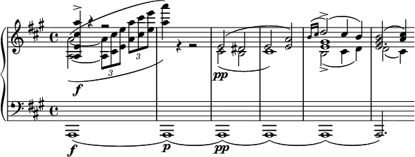 
	\new PianoStaff <<
		\new Staff = "r" <<
			\clef "violin"
			\key a \major
			\new Voice {
				\voiceOne
				\relative {
					< a e' cis' a' >4\f\accent r r2
					s1
					e'2( dis
					e2 < e a >)
					<< { \grace { b'16( cis } d2\accent )( cis4 b) } \\ gis1 e >>
					<< e2. { <gis b>2( <a cis>4) } >>
				}
			}
			\new Voice {
				\voiceTwo
				\relative {
					<a~ a'~>2^(_( \tuplet 3/2 { <a a'>8 <cis cis'> <e e'> } \tuplet 3/2 { < a a'> <cis cis'> <e e'> }
					<a a'>4)) r r2
					cis,,2\pp( b
					cis1)
					b2\accent( cis4 d)
					d2( cis4)
				}
			}
		>>
		\new Staff = "l" <<
			\clef "bass"
			\key a \major
			\new Voice {
				\relative { a,,1\f( a\p)( a\pp) ( a) ( a) ( a2.) }
			}
		>>
	>>
