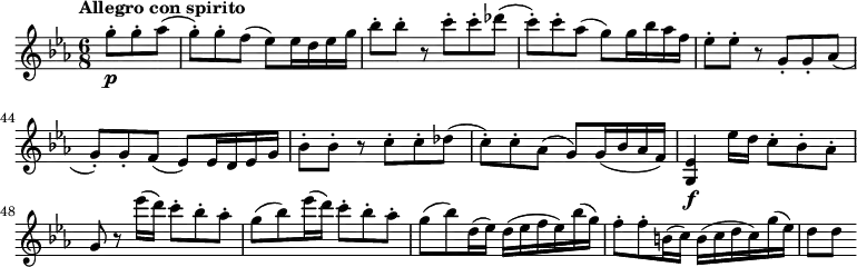 
\version "2.18.2"
 \relative c'' {
    \key ees \major 
    \time 6/8
    \tempo "Allegro con spirito"
    \set Score.currentBarNumber = #40
    \tempo 4 = 140   
     \partial 8*3 g'8-.  \p g-. aes (g-.) g-. 
     f (ees) ees16 d ees g
     bes8-. bes-. r c-. c-. des (c-.)
     c-. aes (g) g16 bes aes f
     ees8-. ees-. r g,-. g-. aes (g-.) g-. f (ees) ees16 d ees g
     bes8-. bes-. r c-. c-. des (c-.)
     c-. aes (g) g16 (bes aes f)
     <g, ees'>4 \f ees''16 d c8-. bes-. aes-.
     g r ees''16 (d) c8-. bes-. aes-.
     g (bes) ees16 (d) c8-. bes-. aes-.
     g (bes) d,16 (ees) d (ees f ees) bes' (g)
     f8-. f-. b,16 (c) b (c d c) g' (ees)
     d8 [d]  
 }
