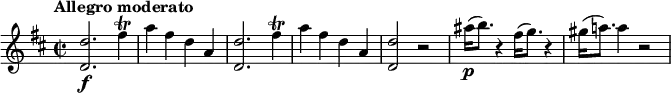 
\relative c'' {
  \version "2.18.2"
  \key d \major
  \tempo "Allegro moderato"
  \time 2/2
  \tempo 4 = 150
  <d d,>2.\f fis4\trill a fis d a <d d,>2. fis4\trill a fis d a <d d,>2 r ais'16\p(b8. ) r4 fis16(g8. ) r4 gis16(a!8. ) a4 r2
}
