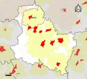 Localisation de l'aire d'attraction de Sens dans le département de l'Yonne.