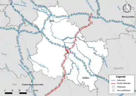 Carte du réseau routier national (autoroutes et routes nationales) dans le département de l'Yonne