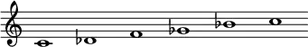 
 \relative c'  {\override Score.BarLine.stencil = ##f \override Score.TimeSignature.stencil = ##f c1 des f ges bes c}
