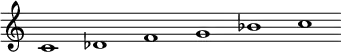 
 \relative c'  {\override Score.BarLine.stencil = ##f \override Score.TimeSignature.stencil = ##f c1 des f g bes c}
