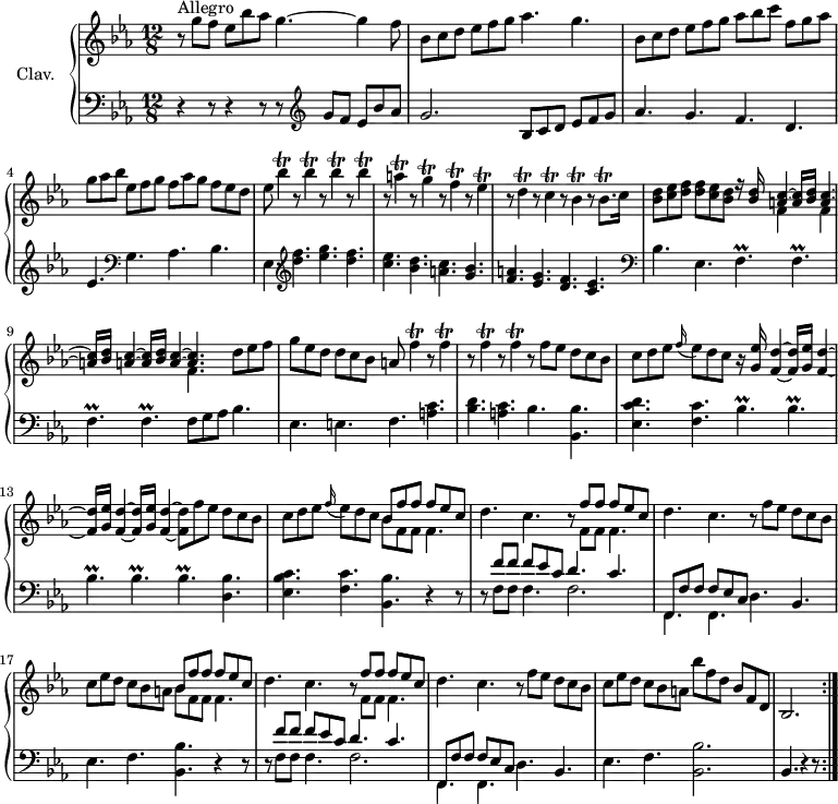 
\version "2.18.2"
\header {
  tagline = ##f
  % composer = "Domenico Scarlatti"
  % opus = "K. 253"
  % meter = "Allegro"
}
%% les petites notes
trillFp       = { \tag #'print { f4.\prall } \tag #'midi { g32 f g f~ f4 } }
trillBespUp   = { \tag #'print { bes'4\trill } \tag #'midi { c32 bes c bes~ bes8 } }
trillA        = { \tag #'print { a4\trill } \tag #'midi { bes32 a bes a~ a8 } }
trillG        = { \tag #'print { g4\trill } \tag #'midi { a32 g a g~ g8 } }
trillF        = { \tag #'print { f4\trill } \tag #'midi { g32 f g f~ f8 } }
trillFUp      = { \tag #'print { f'4\trill } \tag #'midi { g32 f g f~ f8 } }
trillEes      = { \tag #'print { ees4\trill } \tag #'midi { f32 ees f ees~ ees8 } }
trillD        = { \tag #'print { d4\trill } \tag #'midi { ees32 d ees d~ d8 } }
trillC        = { \tag #'print { c4\trill } \tag #'midi { d32 c d c~ c8 } }
trillBes      = { \tag #'print { bes4\trill } \tag #'midi { c32 bes c bes~ bes8 } }
trillBesqp    = { \tag #'print { bes8.\trill } \tag #'midi { c32 bes c bes~ bes16 } }
trillpraBesp  = { \tag #'print { bes4.\prall } \tag #'midi { c32 bes c bes~ bes4 } } 
upper = \relative c'' {
  \clef treble 
  \key ees \major
  \time 12/8
  \tempo 4. = 82
    \repeat volta 2 {
      s8*0^\markup{Allegro}
      r8 g'8 f 
      ees bes' aes g4.~ g4 f8 | bes,8 c d ees f g aes4. g |
      % ms. 3
      bes,8 c d ees f g aes bes c f, g aes | g aes bes ees, f g f aes g f ees d | ees8 \repeat unfold 4 { \trillBespUp r8 } 
      % ms. 6
      \trillA r8 \trillG r8 \trillF r8 \trillEes | r8 \trillD r8 \trillC r8 \trillBes r8 \trillBesqp c16 |
      < bes d >8 < c ees > < d f > q < c ees > < bes d > 
      % ms. 8 suite…
      << { r16  < bes d >16 < a c >4~ q16 < bes d >16 < a c >4~ | q16 < bes d >16 < a c >4~ q16 < bes d >16 < a c >4~ | q4. }
       \\ { s8 f4 s8 f4 | s2. f4. } >> d'8 ees f |
      g ees d d c bes a \repeat unfold 4 { \trillFUp r8 } f8 ees d c bes |
      % ms. 12
      c8 d ees \appoggiatura f16 ees8 d c r16 \stemUp < g ees' >16 < f d' >4~ q16 < g ees' > < f d' >4~ |
      q16 < g ees' >16 < f d' >4~ q16 < g ees' > < f d' >4~ | \stemNeutral q8   f' ees d c bes |
      c d ees \appoggiatura f16 ees8 d c 
      << { bes8 f' f  f ees c } \\ { bes8 f f f4. } >>
      % ms. 15
      d'4. c r8 << { f8 f  f ees c } \\ { f,8 f f4. } >> d'4. c r8 f8 ees d c bes | c ees d c bes a 
      << { bes8 f' f  f ees c } \\ { bes8 f f f4. } >>
      % ms. 18
      d'4. c r8 << { f8 f  f ees c } \\ { f,8 f f4. } >> d'4. c r8 f8 ees d c bes |
      c8 ees d c bes a bes' f d bes f d | bes2. }%repet
   %   % ms. 21
    %  \alternative {
    %      {  bes8 c bes aes g f r8 g''8 f }
    %      {  bes,,2 }
    %  }
    %  r8 f''8 d  aes f aes  d f d  aes f aes
}
lower = \relative c' {
  \clef bass
  \key ees \major
  \time 12/8
  \repeat volta 2 {
    % ************************************** \appoggiatura a16  \repeat unfold 2 {  } \times 2/3 { }   \omit TupletNumber 
      r4 r8 r4 r8  r8   \clef treble  g'8 f ees bes' aes |  g2. bes,8 c d ees f g |
      % ms. 3
      aes4. g f d | ees   \clef bass g, aes bes | ees, \clef treble < d'' f >4.  < ees g > < d f >
      % ms. 6
      < c ees >4. < bes d > < a! c > < g bes > | < f a! > < ees g > < d f > < c ees >  \clef bass  | bes4. ees, \repeat unfold 4 { \trillFp } 
      % ms. 9 suite
      f8 g aes bes4. | ees, e f < a c > | < bes d > < a c > bes < bes, bes' > |
      % ms. 12
      < ees c' d >4.  < f c' >  \repeat unfold 5 { \trillpraBesp } < d, bes' >4.  < ees bes' c > < f c' > < bes, bes' > r4 r8 |
      % ms. 15
      r8 << { f''8 f f ees c d4. c | f,,8 f' f f ees c } 
       \\ { \mergeDifferentlyDottedOn  f8 f f4. f2. | f,4. f } >> d'4. bes | ees f < bes, bes' > r4 r8 
      % ms. 18
      r8 << { f''8 f f ees c d4. c | f,,8 f' f f ees c } 
       \\ { \mergeDifferentlyDottedOn  f8 f f4. f2. | f,4. f } >> d'4. bes | ees f < bes, bes' >2. bes4. r4 r8 }%repet
      % ms. 21
     % \alternative {
      %    {  bes4. r4 r8 | ees4. }
      %    {  bes2 | }
     % }\bar ".|:"
    %  \repeat unfold 4 { < bes aes' >4. }
}
thePianoStaff = \new PianoStaff <<
    \set PianoStaff.instrumentName = #"Clav."
    \new Staff = "upper" \upper
    \new Staff = "lower" \lower
  >>
\score {
  \keepWithTag #'print \thePianoStaff
  \layout {
      #(layout-set-staff-size 17)
    \context {
      \Score
     \override TupletBracket.bracket-visibility = ##f
     \override SpacingSpanner.common-shortest-duration = #(ly:make-moment 1/2)
      \remove "Metronome_mark_engraver"
    }
  }
}
\score {
  \unfoldRepeats
  \keepWithTag #'midi \thePianoStaff
  \midi { \set Staff.midiInstrument = #"harpsichord" }
}
