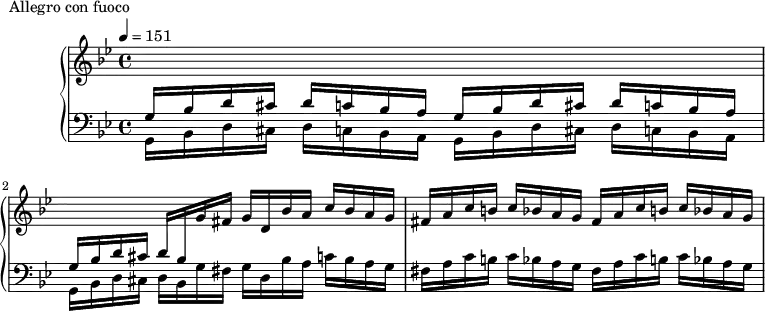 
\version "2.18.2"
\header {
  tagline = ##f
}
upper = \relative c' {
  \clef treble 
  \key g \minor
  \time 4/4
  \tempo 4 = 151
  %\autoBeamOff
   %%Montgeroult — Étude 39 (pdf p. 110)
   \change Staff = "lower" \stemUp \repeat unfold 2 { g16 bes d cis d c bes a }
   g16 bes d cis d bes \change Staff = "upper" g' fis g d bes' a c bes a g
   \repeat unfold 2 { fis16 a c b c bes a g }
}
lower = \relative c {
  \clef bass
  \key g \minor
  \time 4/4
   \stemDown \repeat unfold 2 { g16 bes d cis d c bes a }
   g16 bes d cis d bes g' fis g d bes' a c bes a g
   \repeat unfold 2 { fis16 a c b c bes a g }
}
  \header {
    piece = "Allegro con fuoco"
  }
\score {
  \new PianoStaff <<
    \new Staff = "upper" \upper
    \new Staff = "lower" \lower
  >>
  \layout {
    \context {
      \Score
    }
  }
  \midi { }
}
