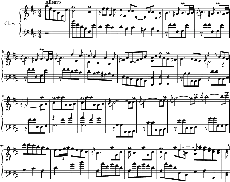 
\version "2.18.2"
\header {
  tagline = ##f
  % composer = "Domenico Scarlatti"
  % opus = "K. 498"
  % meter = "Allegro"
}
%% les petites notes
trillDb     = { \tag #'print { d2\prall } \tag #'midi { e32 d e d~ d8~ d4 } }
trillCis    = { \tag #'print { cis4\prall } \tag #'midi { d32 cis d cis~ cis8 } }
trillBqp    = { \tag #'print { b8.\prall } \tag #'midi { cis32 b cis b~ b16 } }
trillDq     = { \tag #'print { d8\prall } \tag #'midi { e32 d e d } }
trillBq     = { \tag #'print { b8\prall } \tag #'midi { cis32 b cis b } }
trillCisq   = { \tag #'print { cis8\prall  } \tag #'midi { d32 cis d cis } }
trillFisq   = { \tag #'print { fis8\prall  } \tag #'midi { g32 fis g fis } }
trillAq     = { \tag #'print { a8\prall } \tag #'midi { b32 a b a } }
upper = \relative c'' {
  \clef treble 
  \key b \minor
  \time 3/4
  \tempo 4 = 102
      s8*0^\markup{Allegro}
      b'8 fis d b fis e' | \trillDb \trillCis | r8 fis8 fis g,4 e'8 |
      % ms. 4
      e8 fis,4 d'8 d e,~ | e cis' cis d,4 b'8 | b4. \repeat unfold 3 { ais8 \trillBqp ais32 b |
      % ms. 9
      \acciaccatura b8 cis4. } 
      << { fis4 e8~ | e d4 cis b8 | ais cis fis, ais b d } 
       \\ { s8 g,4 | fis e d | s4 fis2 } >>
      % ms. 12
      < g cis >8 e' \trillDq cis8 \trillBq ais8 | b4. b8 a g | << { r4 r8 d'8 cis b | s2 a'4 } \\ { \stemUp \appoggiatura g,8 \stemDown fis2 r4 | \stemUp \appoggiatura b8 a2~ \stemDown a8 b8 } >> 
      % ms. 16
      \repeat unfold 2 { \trillCisq a'8 a a, a b } | \appoggiatura b8 cis2~ cis8 \trillDq | \appoggiatura d8 e2~ e8 \trillFisq
      % ms. 20
      \appoggiatura fis8 g2~ g8 \trillAq | \acciaccatura a8 b2~ b8 \trillCisq | d8 d cis b a g | fis \times 2/3 { fis16 g a } g8 fis e d |
      % ms. 24
      \acciaccatura d8 cis4. \repeat unfold 2 { a'8 a, d | \trillDq cis4 } 
      << { s8 fis4~ | fis8 } \\ { a8 fis c | b < g' b > < fis a > < e g > < d fis > < cis e > } >>
      % ms. 28
      << { fis8 } \\ { d8 } >>
}
lower = \relative c' {
  \clef bass
  \key b \minor
  \time 3/4
    % ************************************** \appoggiatura a16  \repeat unfold 2 {  } \times 2/3 { }   \omit TupletNumber 
      r2. | b'8 fis d b fis e' | d4 e cis |
      % ms. 4
      d4 b cis | ais b g | \repeat unfold 3 { r8 fis' fis fis, g e' }
      % ms. 9
      r8 fis fis d e cis | d b cis ais b g | fis e d cis d b |
      % ms. 12
      < e, e' >4 < fis fis' > q | r8 b'8 b b, b cis | r8 d' d d, d e | r8 fis' fis fis, fis g |
      % ms. 16
      << { r4 fis'4 g | a fis g } \\ { a,2. a } >> | r8 a8 a a, a b | r8 cis' cis cis, cis d |
      % ms. 20
      r8 e' e e, e fis | r8 g' g g, g a | b4 cis a | d g b |
      % ms. 24
      \repeat unfold 2 { a,8 a' e g fis d } | a a' fis d fis, d | g4 a a, |
      % ms. 28
      < d fis >4*1/2
}
thePianoStaff = \new PianoStaff <<
    \set PianoStaff.instrumentName = #"Clav."
    \new Staff = "upper" \upper
    \new Staff = "lower" \lower
  >>
\score {
  \keepWithTag #'print \thePianoStaff
  \layout {
      #(layout-set-staff-size 17)
    \context {
      \Score
     \override TupletBracket.bracket-visibility = ##f
     \override SpacingSpanner.common-shortest-duration = #(ly:make-moment 1/2)
      \remove "Metronome_mark_engraver"
    }
  }
}
\score {
  \keepWithTag #'midi \thePianoStaff
  \midi { \set Staff.midiInstrument = #"harpsichord" }
}
