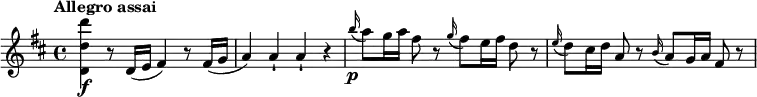 
\relative c'' {
  \version "2.18.2"
  \key d \major
  \tempo "Allegro assai"
  <d' d, d,>\f r8 d,,16( e fis4) r8 fis16( g a4) a-! a-! r \grace b'16\p(a8 ) g16 a fis8 r \grace g16(fis8 ) e16 fis d8 r \grace e16(d8 ) cis16 d a8 r \grace b16(a8 ) g16 a fis8 r
}
