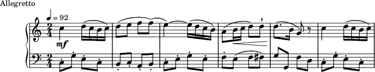 
\version "2.18.2"
\header {
  tagline = ##f
}
upper = \relative c'' {
  \clef treble 
  \key c \major
  \time 2/4
  \tempo 4 = 92
  \override TupletBracket.bracket-visibility = ##f
   %%Montgeroult — Étude 4 (pdf p. 22)
   c4\mf d16( c b c) d8([ e] f f)( e4~) e16( d c b) a8( b16\< c d8) d-! d8.(\! b16 g8) r8 c4 d16( c b c)
}
lower = \relative c {
  \clef bass
  \key c \major
  \time 2/4
  c8-. g'-. e-. c-. b-.[ c-.] a-. b-. c-. e-. g-. e-. f-. e( f fis) g g, f' d c8-. g'-. e-. c-.
}
  \header {
    piece = "Allegretto"
  }
\score {
  \new PianoStaff <<
    \new Staff = "upper" \upper
    \new Staff = "lower" \lower
  >>
  \layout {
    \context {
      \Score
    }
  }
  \midi { }
}
