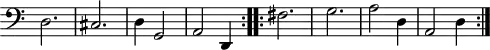 
\version "2.18.2"
\header {
  tagline = ##f
}
\score {
  \new Staff \with {
    \remove "Time_signature_engraver"
  }
  \relative c {
    \key c \major
    \time 3/4
    \tempo 2 = 50
    \autoBeamOff
    \clef bass
    \override Rest #'style = #'classical
    \set Staff.midiInstrument = #"recorder"
  \repeat volta 2 {
  d2. cis d4 g,2 a d,4
  }
  \repeat volta 2 {
  fis'2. g a2 d,4 a2 d4
  }
  }
  \layout {
    \context {
      \Score
      \remove "Metronome_mark_engraver"
    }
  }
  \midi {}
}
