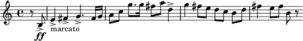 
\header {
  tagline = ##f
}
\score {
  \new Staff \with {
  }
<<
  \relative c'' {
    \key c \major
    \time 4/4
    \tempo 4 = 100
    \override TupletBracket #'bracket-visibility = ##f 
    %\autoBeamOff
    \set Staff.midiInstrument = #"string ensemble 1"
     %%%%%%%%%%%%%%%%%%%%%%%%%% 5e chosta thème {{4e|mouvement}}
     \partial 4 r8 b,8->\ff e4->-"marcato" fis-> g4.-> fis16 g a8 c g'8. g16 fis8 a  d,4->
     g4 fis8 e d c b[ d] fis4 e8 fis b, r8
  }
>>
  \layout {
    \context {
      \Score
      \remove "Metronome_mark_engraver"
    }
  }
  \midi {}
}
