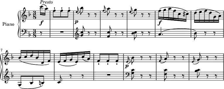 
\version "2.18.2"
\header {
  tagline = ##f
}
upper = \relative c' {
  \clef treble 
  \key f \major
  \time 3/8
  \tempo "Presto"
  \tempo 4 = 130
  \partial 8  c''16 \f ^\markup{ \italic { Presto} } (a)
  f8-! f-! f-!
   \grace e16 \p (bes'8) r r
   \grace f16 (a8) r r
   \grace e16 (g8) r r
   f16\f (g a f c cis)
   d (e f d g, a)
   bes (c d bes d, f)
   e (f g e) c' (a)
   f8-! f-! f-!
    \grace e16 \p (bes'8) r r
   \grace f16 (a8) r r
   \grace e16 (g8) r r
}
lower = \relative c' {
  \clef bass
  \key f \major
  \time 3/8
 \partial 8 r8 R1*3/8 \clef treble
 <g' c>8 r r
 <f c'> r r
 <bes c> r r
 a4. (bes8) r r
 g, (bes b) c r r R1*3/8  \clef bass
 <g c>8 r r
 <f c'> r r
 <bes c> r r
} 
\score {
  \new PianoStaff <<
    \set PianoStaff.instrumentName = #"Piano"
    \new Staff = "upper" \upper
    \new Staff = "lower" \lower
  >>
  \layout {
    \context {
      \Score
      \remove "Metronome_mark_engraver"
    }
  }
  \midi { }
}
