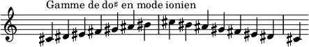 
\relative c' { 
  \clef treble \time 7/4 \hide Staff.TimeSignature cis4^\markup { Gamme de do♯ en mode ionien } dis eis fis gis ais bis cis bis ais gis fis eis dis cis
}
