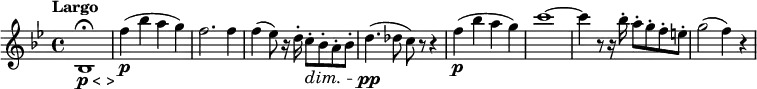 
 \version "2.18.2"
\relative c'' {
  \key bes \major
  \time 4/4
  \tempo "Largo"
  \tempo 4 = 50
    bes,1 ^\fermata _\markup {\dynamic {p } < >}  
    f''4 \p (bes a g)
    f2. f4
    f (ees8) r16 d-. c8-.\dim bes-. a-. bes-.
    d4.\pp (des8 c) r r4
    f4 \p (bes a g) 
    c1 ~ c4 r8 r16 bes16-. a8-. g-. f-. e-.
    g2 (f4) r 
}
