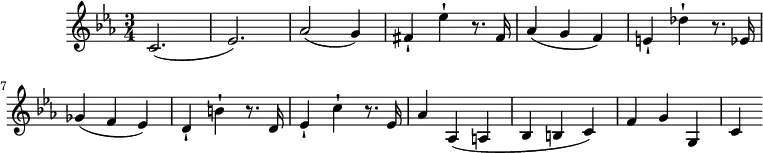 
\version "2.18.2"
\header {
  tagline = ##f
}
\score {
  \new Staff \with {
  }
<<
  \relative c' {
    \key c \minor
    \time 3/4  
    \tempo 4 = 125
    \override TupletBracket #'bracket-visibility = ##f 
     %%Mozart — Concerto 24, mvt 1, th. 1
     c2.( ees2.) aes2( g4) fis-! ees'-! r8. fis,16 aes4( g f) e-! des'-! r8. ees,16 ges4( f ees) d-! b'-! 
     r8. d,16 ees4-! c'-! r8. ees,16 aes4 aes,4( a bes b c) f g g, c
  }
>>
  \layout {
     \context { \Score \remove "Metronome_mark_engraver" }
  }
  \midi {}
}
