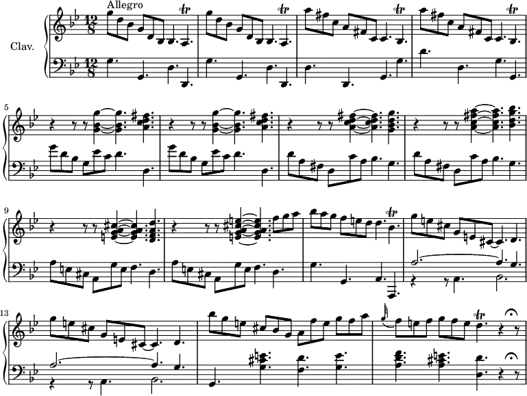 
\version "2.18.2"
\header {
  tagline = ##f
  % composer = "Domenico Scarlatti"
  % opus = "K. 111"
  % meter = "Allegro"
}
%% les petites notes
trillAp       = { \tag #'print { a4.\trill } \tag #'midi { bes32 a bes a~ a4 } }
trillBesp     = { \tag #'print { bes4.\trill } \tag #'midi { c32 bes c bes~ bes4 } }
trillCisp     = { \tag #'print { bes4.\trill } \tag #'midi { d32 cis d cis~ cis4 } }
trillDp       = { \tag #'print { d4.\trill } \tag #'midi { e32 d e d~ d4 } }
upper = \relative c'' {
  \clef treble 
  \key g \minor
  \time 12/8
  \tempo 4. = 112
  \set Staff.midiInstrument = #"harpsichord"
  \override TupletBracket.bracket-visibility = ##f
      s8*0^\markup{Allegro}
      \repeat unfold 2 { g'8 d bes g d bes bes4. \trillAp } | \repeat unfold 2 { a''8 fis c a fis c c4. \trillBesp }
      % ms. 5
      \repeat unfold 2 { r4 r8 r8 < g' bes g' >4~ q4. < a c d fis >4. }
      % ms. 7
      r4 r8 r8 < a c d fis >4~ q4. < g bes d g >4. | r4 r8 r8 < a c fis a >4~ q4. < bes d g bes >4. | r4 r8 r8 < e, g a cis >4~ q4. < d f a d >4. | 
      % ms. 10
      r4 r8 r8 < e g a cis e >4~ q4. f'8 g a | bes a g f e d d4. \trillCisp | \repeat unfold 2 { g'8 e cis g e cis~ cis4.  d4. } | 
      % ms. 14
      bes''8 g e cis bes g a f' e g f a | \appoggiatura g32 f8 e f g f e \trillDp r4 r8^\markup { \translate #'(-0.6 . 0.7) % déplcement d'un point d'orgue
\musicglyph #"scripts.ufermata" }
}
lower = \relative c' {
  \clef bass
  \key g \minor
  \time 12/8
  \set Staff.midiInstrument = #"harpsichord"
  \override TupletBracket.bracket-visibility = ##f
    % ************************************** \appoggiatura a16  \repeat unfold 2 {  } \times 2/3 { }   \omit TupletNumber 
      \repeat unfold 2 { g4. g, d' d, } | d' d, g g' |
      % ms. 4
      d'4. d, g g, | \repeat unfold 2 { g''8 d bes g ees' c d4. d, } | 
      % ms. 7
      \repeat unfold 2 { d'8 a fis d c' a bes4. g } | \repeat unfold 2 { a8 e cis a g' e f4. d } |
      % ms. 11
      g4. g, a a, | \repeat unfold 2 { << { a''2.~ a4. g } \\ { r4 r8 a,4. bes2. } >> }
      % ms. 14
      g4. < g' cis e >4. < f d' > < g e' > | < a d f > < a cis e > < d, d' > r4 r8^\markup { \translate #'(-0.6 . 0.7) % déplcement d'un point d'orgue
\musicglyph #"scripts.ufermata" }
}
thePianoStaff = \new PianoStaff <<
    \set PianoStaff.instrumentName = #"Clav."
    \new Staff = "upper" \upper
    \new Staff = "lower" \lower
  >>
\score {
  \keepWithTag #'print \thePianoStaff
  \layout {
      #(layout-set-staff-size 17)
    \context {
      \Score
     \override SpacingSpanner.common-shortest-duration = #(ly:make-moment 1/2)
      \remove "Metronome_mark_engraver"
    }
  }
}
\score {
  \keepWithTag #'midi \thePianoStaff
  \midi { }
}
