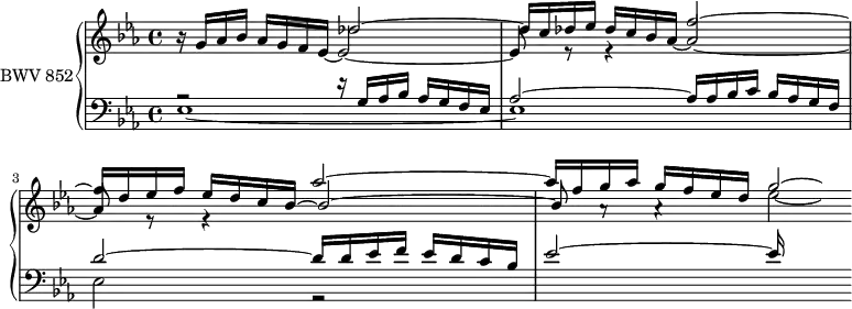 
\version "2.18.2"
\header {
  tagline = ##f
}
upper = \relative c'' {
    \clef treble 
    \key ees \major
    \time 4/4
    \tempo 4 = 60
    \set Staff.midiInstrument = #"harpsichord" 
   %% PRÉLUDE CBT I-7, BWV 852, mi-bémol majeur
   << { s1*2 s2 aes'2~ aes16 f g aes g f ees d g2*1/4~ \hideNotes g16 } \\ { \stemUp bes,16\rest g16 aes bes aes g f ees~ ees2~ ees8 r8 r4 } \\ { s1 s2 \stemUp f'2~ f16 d ees f ees d c bes~ bes2~ bes8 a8\rest a4\rest \stemDown ees'2*1/4_~ \hideNotes ees16 } \\ { s2 \stemUp des2^~ des16 c des ees des c bes aes~ aes2~ aes8 r8 r4 } >>
}
lower = \relative c {
    \clef bass 
    \key ees \major
    \time 4/4
    \set Staff.midiInstrument = #"harpsichord" 
       << {r2 r16 g'16 aes bes aes[ g f ees] aes2~ aes16 aes bes c bes aes g f | d'2~ d16 d ees f ees d c bes ees2~ ees16 } \\ { ees,1~ ees ees2 r2 } >>
} 
\score {
  \new PianoStaff <<
    \set PianoStaff.instrumentName = #"BWV 852"
    \new Staff = "upper" \upper
    \new Staff = "lower" \lower
  >>
  \layout {
    \context {
      \Score
      \remove "Metronome_mark_engraver"
    }
  }
  \midi { }
}
