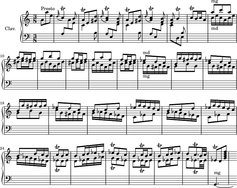 
\version "2.18.2"
\header {
  tagline = ##f
}
%% les petites notes
trillCAppo     = { \tag #'print { \appoggiatura d32 c4\trill } \tag #'midi { c32 c d c~ c8 } }
trillA         = { \tag #'print { a8\trill } \tag #'midi { b32 a b a } }
trillC         = { \tag #'print { c8\trill } \tag #'midi { d32 c d c } }
trillBUp       = { \tag #'print { b'4\trill } \tag #'midi { c32 b c b~ b8 } }
trillCAppoAcc  = { \tag #'print { \appoggiatura d'32 < a c\trill >4 } \tag #'midi { << { d32 c d c~ c8 } \\ { a4 } >> } }
% croches
trillCq        = { \tag #'print { c8\trill } \tag #'midi { d32 c d c } }
trillEesq      = { \tag #'print { ees8_\trill } \tag #'midi { d32 ees d ees } }
trillEes       = { \tag #'print { ees8\trill } \tag #'midi { d32 ees d ees } }
trillEesDown   = { \tag #'print { ees,8\trill } \tag #'midi { d32 ees d ees } }
trillBqq       = { \tag #'print { b8\trill } \tag #'midi { d32 b d b } }
trillGqq       = { \tag #'print { g8_\trill } \tag #'midi { a32 g a g } }
trillCqqp      = { \tag #'print { c8.\trill } \tag #'midi { \times 2/3 { d32 c d } c8 } }
trillEesqqp    = { \tag #'print { ees8._\trill } \tag #'midi { \times 2/3 { f32 ees f } ees8 } }
% doubles
trillCqqq      = { \tag #'print { c16\trill } \tag #'midi { \times 2/3 { c32 d c } } }
trillEesqqq    = { \tag #'print { ees16_\trill } \tag #'midi { \times 2/3 { ees32 f ees } } }
upper = \relative c'' {
  \clef treble 
  \key a \minor
  \time 3/8
  \tempo 4. = 72
  \set Staff.midiInstrument = #"harpsichord"
    a8^\markup{Presto} a' e | \stemUp \trillCAppo \stemUp b8 | \repeat unfold 2 { \stemUp \trillA e < gis d' > \trillCAppoAcc < f b >8 } < e a >8 \trillBUp | 
    % ms. 8
    \trillC b16 c \tempo 4. = 48 a8 | \tempo 4. = 72 \stemDown c16_\markup{md} e c a c e | dis8 e16 dis e8 | b16 d b g b d | cis8 d16 cis d8 | a16 c a f a c | b8 c16 b \tempo 4. = 48 c8 | \tempo 4. = 72 \stemUp ees8^\markup{md} d c | \repeat unfold 2 { b16 g' fis g fis g | ees8 d c } | \repeat unfold 2 { b8 c d | ees16 g f ees d c } | b8. d16 c b | \trillCq b8 c | b8 c16 d ees f | \trillEes d8 c | b8 \trillCqqq b16 c8 | \trillBqq c16 d ees8 | d8 \trillCqqp b32 c | \trillEesDown d8 < g b d f >8-\tweak stencil ##f \p s8
}
lower = \relative c' {
  \clef bass
  \key a \minor
  \time 3/8
  \set Staff.midiInstrument = #"harpsichord"
    % *****************************
     s4. a8 \stemDown \change Staff = "upper" a' e | \repeat unfold 2 { c4 \change Staff = "lower" b8 | \stemUp a e \stemDown \change Staff = "upper" d'8 } | << { \stemUp \change Staff = "lower" s4 b8 } \\ { \stemDown c8 \change Staff = "lower" d,8 e } >>
     % ms. 8
     s4. \change Staff = "upper" \stemUp a''8^\markup{mg} c a | a g16 fis g8 | g b g | g f16 e f8 | f a f | f e16 d e8 | \stemDown c16_\markup{mg} g fis a g fis | \repeat unfold 2 { g8 b g | c16 g fis a g fis } | g16 aes g f ees d | 
     % ms. 21
     \repeat unfold 2 { c8 ees f | g16 aes g f ees d } | \trillEesq  d8 ees | d8 ees16 f g aes | \trillGqq f8 ees | d \trillEesqqq d16 ees8 | 
     % ms. 29
     d8 ees16 f g8 | f8 \trillEesqqp d32 ees | \stemUp \change Staff = "lower" g,,4.~^\markup{mg} \hideNotes | g8
}
thePianoStaff = \new PianoStaff <<
    \set PianoStaff.instrumentName = #"Clav."
    \new Staff = "upper" \upper
    \new Staff = "lower" \lower
  >>
\score {
  \keepWithTag #'print \thePianoStaff
  \layout {
      #(layout-set-staff-size 17)
    \context {
      \Score
     \override SpacingSpanner.common-shortest-duration = #(ly:make-moment 1/2)
      \remove "Metronome_mark_engraver"
    }
  }
}
\score {
  \keepWithTag #'midi \thePianoStaff
  \midi { }
}
