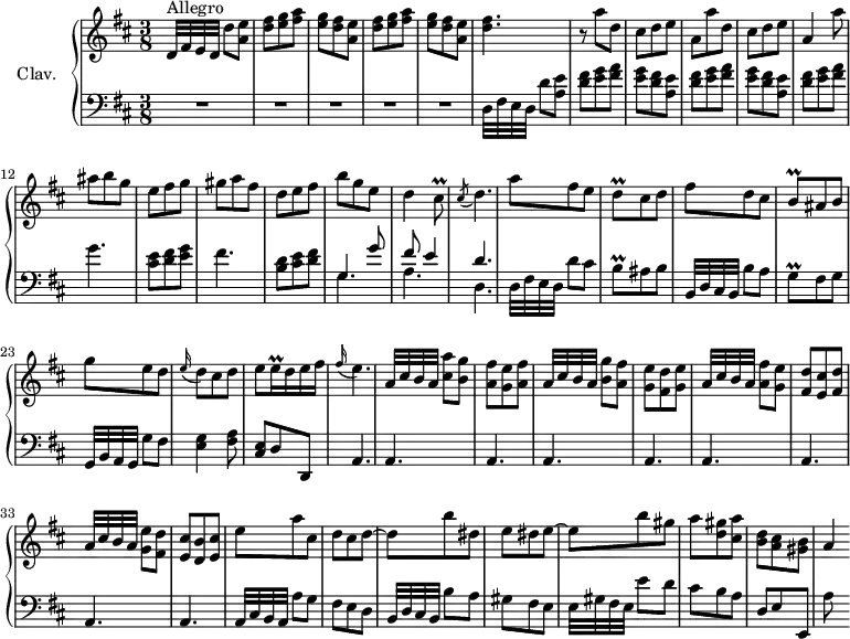 
\version "2.18.2"
\header {
  tagline = ##f
  % composer = "Domenico Scarlatti"
  % opus = "K. 313"
  % meter = "Allegro"
}
%% les petites notes
trillCisq     = { \tag #'print { cis8\prall } \tag #'midi { d32 cis d cis } }
appoDq        = { \tag #'print { \acciaccatura cis8 d4. } \tag #'midi {   \tempo 4. = 40 cis8 d4   \tempo 4. = 60 } }
trillBq       = { \tag #'print { b8\prall } \tag #'midi { cis32 b cis b } }
trillGq       = { \tag #'print { g8\prall } \tag #'midi { a32 g a g } }
trillDq       = { \tag #'print { d8\prall } \tag #'midi { e32 d e d } }
appoEq        = { \tag #'print { \appoggiatura fis16 e4. } \tag #'midi {   \tempo 4. = 40 fis8 e4   \tempo 4. = 60 } }
trillEq       = { \tag #'print { e16\prall } \tag #'midi { \times 2/3 { e32 d e } } }
upper = \relative c'' {
  \clef treble 
  \key d \major
  \time 3/8
  \tempo 4. = 60
  \set Staff.midiInstrument = #"harpsichord"
  \override TupletBracket.bracket-visibility = ##f
      s8*0^\markup{Allegro}
      d,32[ fis e d] d'8 < a e' > | \repeat unfold 2 { < d fis > < e g > < fis a > | < e g > < d fis > < a e' > } | < d fis >4. | r8 a'8 d, |
      % ms. 8
      cis8 d e | a, a' d, | cis d e | a,4 a'8 | ais b g | e fis g | gis a fis |
      % ms. 15
      d8 e fis | b g e | d4 \trillCisq | \appoDq | a'8 fis e | \trillDq cis8 d | fis d cis |
      % ms. 22
      \trillBq ais8 b | g' e d | \appoggiatura e16 d8 cis d | e \trillEq d16 e fis | \appoEq | a,32[ cis b a] < cis a' >8 < b g' > | < a fis' > < g e'  > < a fis' > |
      % ms. 29
      a32[ cis b a] < b g' >8 < a fis' > | < g e' > < fis d' > < g e' > | a32[ cis b a] < a fis' >8 < g e' > | < fis d' > < e cis' > < fis d' > | a32[ cis b a] < g e' >8 < fis d' > | < e cis' > < d b' > < e cis' > |
      % ms. 35
      e'8 a cis, | d cis d~ | d b' dis, | e dis e~ | e b' gis | a < d, gis > < cis a' > |
      % ms. 41
      < b d >8 < a cis > < gis b > | a4
}
lower = \relative c' {
  \clef bass
  \key d \major
  \time 3/8
  \set Staff.midiInstrument = #"harpsichord"
  \override TupletBracket.bracket-visibility = ##f
    % ************************************** \appoggiatura a16  \repeat unfold 2 {  } \times 2/3 { }   \omit TupletNumber 
      R4.*5 | d,32[ fis e d] d'8 < a e' > | \repeat unfold 2 { < d fis > < e g > < fis a > | < e g > < d fis > < a e' > } |
      % ms. 11
      < d fis > < e g > < fis a > | g4. | < cis, e >8 < d fis > < e g > | fis4. |
      % ms. 15
      < b, d >8 < cis e > < d fis > | << { g,4 g'8 | fis8 e4 | d4. } \\ { \mergeDifferentlyDottedOn g,4. | a | d, } >> | d32[ fis e d] d'8 cis | \trillBq ais b | b,32[ d cis b] b'8 a |
      % ms. 22
      \trillGq  fis g | g,32[ b a g] g'8 fis | < e g >4 < fis a >8 | < cis e >8 d d, | \repeat unfold 9 { a'4. }
      % ms. 35
      a32[ cis b a] a'8 g | fis e d | b32[ d cis b] b'8 a | gis fis e | e32[ gis fis e] e'8 d | cis b a |
      % ms. 41
      d,8 e e, | a'
}
thePianoStaff = \new PianoStaff <<
    \set PianoStaff.instrumentName = #"Clav."
    \new Staff = "upper" \upper
    \new Staff = "lower" \lower
  >>
\score {
  \keepWithTag #'print \thePianoStaff
  \layout {
      #(layout-set-staff-size 17)
    \context {
      \Score
     \override SpacingSpanner.common-shortest-duration = #(ly:make-moment 1/2)
      \remove "Metronome_mark_engraver"
    }
  }
}
\score {
  \keepWithTag #'midi \thePianoStaff
  \midi { }
}
