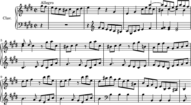 
\version "2.18.2"
\header {
  tagline = ##f
  % composer = "Domenico Scarlatti"
  % opus = "K. 246"
  % meter = "Allegro"
}
%% les petites notes
%trillBesp     = { \tag #'print { bes4.\prall } \tag #'midi { c32 bes c bes~ bes4 } }
upper = \relative c'' {
  \clef treble 
  \key cis \minor
  \time 2/2
  \tempo 2 = 76
  \set Staff.midiInstrument = #"harpsichord"
  \override TupletBracket.bracket-visibility = ##f
   \partial 4
      s8*0^\markup{Allegro}
      gis'8 fis | e dis cis bis cis gis cis dis | e4 dis r4 gis,4 | e gis 
      << { s4 a'4~ | a8 gis cis, e fis a gis fis | e dis } \\
      { cis8 e dis cis | bis4 cis~ cis bis | cis cis } >>
      % ms. 5 suite
      \repeat unfold 2 { r8 gis'8 a cis, | bis cis dis4 } r8 fis8 gis b, |
      % ms. 8
      a8 e' fis a, gis a b cis | dis e fis4 r8 b8 cis e, | dis e fis4 r8 b8 cis e, |
      % ms. 11
      dis8 ais' b fis gis dis e ais, | b fis gis dis e b cis ais | b4 
      % ms. 14
}
lower = \relative c' {
  \clef bass
  \key cis \minor
  \time 2/2
  \set Staff.midiInstrument = #"harpsichord"
  \override TupletBracket.bracket-visibility = ##f
    % ************************************** \appoggiatura a16  \repeat unfold 2 {  } \times 2/3 { }   \omit TupletNumber 
      r4 | R1 | r4   \clef treble  gis'8 fis e dis cis bis | cis gis cis dis e4 fis |
      % ms. 4
      < fis gis >4 < e gis > < dis fis >2 | cis4. dis8 e cis fis a | gis4. fis8 e cis fis a | gis4. fis8 e dis cis e |
      % ms. 8
      fis8 e dis b e fis gis a | \repeat unfold 2 { b4. a8 gis e a cis } | 
      % ms. 11
      b4   \clef bass b, b b | b b, b b | b8
      % ms. 14
}
thePianoStaff = \new PianoStaff <<
    \set PianoStaff.instrumentName = #"Clav."
    \new Staff = "upper" \upper
    \new Staff = "lower" \lower
  >>
\score {
  \keepWithTag #'print \thePianoStaff
  \layout {
      #(layout-set-staff-size 17)
    \context {
      \Score
     \override SpacingSpanner.common-shortest-duration = #(ly:make-moment 1/2)
      \remove "Metronome_mark_engraver"
    }
  }
}
\score {
  \keepWithTag #'midi \thePianoStaff
  \midi { }
}
