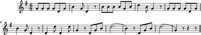 
\version "2.14.2"
\header {
  tagline = ##f
}
\score {
  \new Staff \with {
    %\remove "Time_signature_engraver"
  }
  \relative c'' {
    \key g \major
    \time 6/8
    \tempo 8 = 240
    \set Staff.midiInstrument = #"oboe"
     %%%% Jean de la Lune
     g8 g g g  d g b4 g8 d4 r8 b' b b b g b d4 b8 g4 r8 
     g8 g g g  d g b4 g8 d4 r8 d4 d'8 d,4 d'8 g,4 r8
     d8 g b d2.( b4) r8 d,8 g b d2.(  g,4) r8 r4 r8
     \bar "||"
  }
  \layout {
    \context {
      \Score
      \remove "Metronome_mark_engraver"
    }
  }
  \midi {}
}
