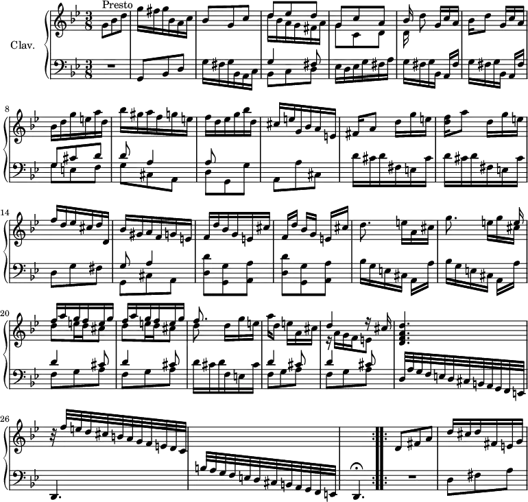 
\version "2.18.2"
\header {
  tagline = ##f
  % composer = "Domenico Scarlatti"
  % opus = "K. 76"
  % meter = "Presto"
}
%% les petites notes
%trillBesp     = { \tag #'print { bes4.\prall } \tag #'midi { c32 bes c bes~ bes4 } }
upper = \relative c'' {
  \clef treble 
  \key g \minor
  \time 3/8
  \tempo 4. = 58
  \set Staff.midiInstrument = #"harpsichord"
  \override TupletBracket.bracket-visibility = ##f
  \repeat volta 2 {
      s8*0^\markup{Presto}
      g8 bes d | g16 fis g bes, a c | bes8 g c | << { d8 ees d | g, c a | bes16 } \\ { d16 bes a g fis a | g8 c, d | d16 } >> d'8 g,16[ c a]
      % ms. 7
      bes16 d8 g,16[ c a] | bes d g e a d, | bes' gis a f g e | f d ees g bes d, | cis e g, bes a e | fis16 a8 d16[ g e]
      % ms. 13
      < d f >16 a'8 d,16[ g e] | f d ees cis d d, | bes' gis a f g e  | f d' bes g e cis' | f,[ d'] bes g e[ cis'] | d8. e16[ a, cis] |
      % ms. 19
      g'8. << { s8 e16 \repeat unfold 2 { f16 a g f e g } | f8. } \\ { e16 g cis, | \repeat unfold 2 { d8 e16 d cis8 } | d8 } >> d16 g e | a16 d,8 e16[ a, cis] | << { d4 r16 cis16 } \\ { r16 a16 g f e8 } >>
      % ms. 25
      < d f a d >4. | r32 f'32 e d cis b a g f e d c | \stemUp  \change Staff = "lower"  b a g f e d cis b a g f e | s4.  }%repet
      \stemNeutral   \change Staff = "upper"
      % ms. 29
      d''8 fis a | d16 cis d fis, e g
}
lower = \relative c' {
  \clef bass
  \key g \minor
  \time 3/8
  \set Staff.midiInstrument = #"harpsichord"
  \override TupletBracket.bracket-visibility = ##f
  \repeat volta 2 {
    % ************************************** \appoggiatura a16  \repeat unfold 2 {  } \times 2/3 { }   \omit TupletNumber 
      R4. | g,8 bes d | g16 fis g bes, a c | << { g'4 fis8 } \\ { bes,8 c d } >> | ees16 d ees g fis a | \repeat unfold 2 { g fis g bes, a[ fis'] }
      % ms. 8
      << { g8 cis d | d a4 | a8 } \\ { g8 e f | g cis, a | d g, g' } >> | a, a' cis, | \repeat unfold 2 { d'16 cis d fis, e cis' } |
      % ms. 14
      d,8 g fis | << { g8 a4 } \\ { g,8 cis a } >> | \repeat unfold 2 { < d d' >8 < g, g' > < a a' > } | \repeat unfold 2 { bes'16 g e cis a[ a'] } |
      % ms. 20
      \repeat unfold 2 { << { d4 cis8 } \\ { f,8 g a } >> } | d16 cis d f, e cis' | \repeat unfold 2 { << { d4 cis8 } \\ { f,8 g a } >> } |
      % ms. 25
      d,32 a' g f e d cis b a g f e | d4. | s4. | d4.\fermata }%repet
      % ms. 29
      \bar ":..:"  R4. | d'8 fis a | 
}
thePianoStaff = \new PianoStaff <<
    \set PianoStaff.instrumentName = #"Clav."
    \new Staff = "upper" \upper
    \new Staff = "lower" \lower
  >>
\score {
  \keepWithTag #'print \thePianoStaff
  \layout {
      #(layout-set-staff-size 17)
    \context {
      \Score
     \override SpacingSpanner.common-shortest-duration = #(ly:make-moment 1/2)
      \remove "Metronome_mark_engraver"
    }
  }
}
\score {
  \unfoldRepeats
  \keepWithTag #'midi \thePianoStaff
  \midi { }
}
