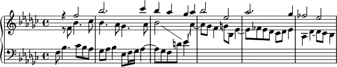 
\version "2.18.2"
\header {
  tagline = ##f
}
upper = \relative c''
{
  \clef treble 
  \key ees \minor
  \time 4/4
  \tempo 4 = 66
  \set Score.currentBarNumber = #77
  \set Staff.midiInstrument = #"harpsichord" 
   %% FUGUE CBT I-14, BWV 859, fa-dièse mineur
   \partial 2..
   << { s8 r4 f2 | bes2. ces4 | bes aes ges aes | bes2 ees, | aes2. ges4 | fes2 ees~ } \\ { s8 r8 f,8 bes4. ces8 | bes4. aes8 ges4. aes8 bes2 \showStaffSwitch \stemUp \change Staff = "lower" ees,4 \change Staff = "upper" | \stemDown aes4~ aes8 ges f4 g8 bes, ees4~ ees8 fes ees des ces des ees4 aes, des~ des8 ces bes4 } >>
}
lower = \relative c
 {
  \clef bass 
  \key ees \minor
  \time 4/4
  \set Staff.midiInstrument = #"harpsichord" 
  f8 bes4. ces8 bes aes ges aes bes4 ees,8 f16 ges aes4~ aes8 ges f d' ees4 s4 s1*3
} 
\score {
  \new PianoStaff <<
    \set PianoStaff.instrumentName = #""
    \new Staff = "upper" \upper
    \new Staff = "lower" \lower
  >>
  \layout {
    \context {
      \Score
      \remove "Metronome_mark_engraver"
      \override SpacingSpanner.common-shortest-duration = #(ly:make-moment 1/2)
    }
  }
  \midi { }
}
