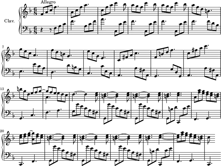 
\version "2.18.2"
\header {
  tagline = ##f
  % composer = "Domenico Scarlatti"
  % opus = "K. 350"
  % meter = "Allegro"
}
%% les petites notes
%trillBesp     = { \tag #'print { bes4.\prall } \tag #'midi { c32 bes c bes~ bes4 } }
upper = \relative c'' {
  \clef treble 
  \key f \major
  \time 6/8
  \tempo 4. = 92
  \set Staff.midiInstrument = #"harpsichord"
  \override TupletBracket.bracket-visibility = ##f
      s8*0^\markup{Allegro}
      f,8 a c  f4. | a,8 c f a4. | c,8 f a c4 bes8 | \repeat unfold 2 { a8 g f c'4 bes8 }
      % ms. 6
      a8 f d b4. | g'8 e c a4. | f'8 d b g4. |
      % ms. 9
      e'8 c g e4. | c8 fis a c4. | f,8 b d f4. | c8 fis a c4. |
      % ms. 13
      b8 g d << { e8 f g~ | g f e } \\ { s4. a,4. } >> e'8 d c | d4.~ d4 < c e >8 | \repeat unfold 2 { < b d >4.~ q4 < c e >8 }
      % ms. 18
      < b d >4. < c e > | a8 < f' a > < e g > < d f > < c e > < b d > | < c e > < d f > < e g >~ < a, g' > < d f > < c e >
      % ms. 21
      \repeat unfold 3 { < b d >4.~ q4 < c e >8 } | < b d >4. < c e >~ |
      % ms. 25
       q8 < f a >8 < e g > < d f > < c e > < b d > | c8 s8
}
lower = \relative c' {
  \clef bass
  \key f \major
  \time 6/8
  \set Staff.midiInstrument = #"harpsichord"
  \override TupletBracket.bracket-visibility = ##f
    % ************************************** \appoggiatura a16  \repeat unfold 2 {  } \times 2/3 { }   \omit TupletNumber 
      r4 r8 f,8 a c | f4. a,8 c f | a4. \repeat unfold 3 { c,,8 c' e | f4. }
      % ms. 6 suite…
      f8 d bes e,4. | e'8 c a | d,4. d'8 b g |
      % ms. 9
      c,4. c'8 e, c | a4. a'8 fis a, | g4. g'8 d g, | a4. a'8 fis a, |
      % ms. 13
      g4. c | f  a | g8 \repeat unfold 3 { g' e c a fis | g, } 
      % ms. 18
      b' d c,, c'' e | f,,4. g | c, f | 
      % ms. 21
      \repeat unfold 3 { g8 g'' e c a fis } | g,8 b' d c,, c'' e |
      % ms. 25
      f,,4. g c,
}
thePianoStaff = \new PianoStaff <<
    \set PianoStaff.instrumentName = #"Clav."
    \new Staff = "upper" \upper
    \new Staff = "lower" \lower
  >>
\score {
  \keepWithTag #'print \thePianoStaff
  \layout {
      #(layout-set-staff-size 17)
    \context {
      \Score
     \override SpacingSpanner.common-shortest-duration = #(ly:make-moment 1/2)
      \remove "Metronome_mark_engraver"
    }
  }
}
\score {
  \keepWithTag #'midi \thePianoStaff
  \midi { }
}
