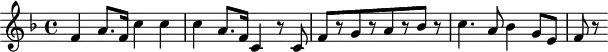 
\header {
  tagline = ##f
}
\score {
  \new Staff \with {
  }
<<
  \relative c' {
    \key f \major
    \time 4/4
    \override TupletBracket #'bracket-visibility = ##f 
    \autoBeamOff
     %%%%%%%%%%%%%%%%%%%%%%%%%% K 43
     f4 a8.[ f16] c'4 c c a8.[ f16] c4 r8 c8 f8[ r8 g r8 a8 r8 bes8] r8 c4. a8 bes4 g8[ e] f r8
  }
>>
  \layout {
    \context {
      \remove "Metronome_mark_engraver"
    }
  }
  \midi {}
}
