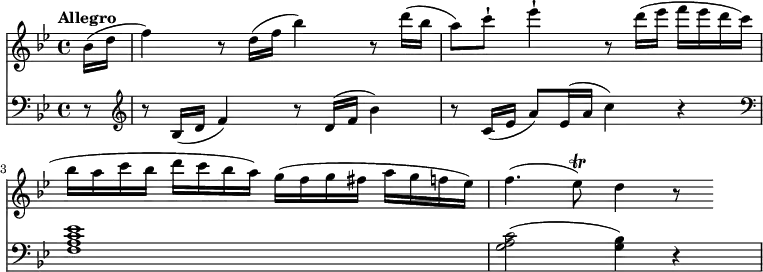 
<<
  \new Staff  \relative c'' {
         \version "2.18.2"
         \clef "treble" 
         \tempo "Allegro"
         \key bes \major
         \time 4/4 
         \tempo 4 = 150
      \partial 8 
      bes16 (d f4)
      r8 d16 (f bes4) r8 d16 (bes a8) c-! ees4-! r8
      d16 (ees f ees d c bes a c bes d c bes a) g (f g fis a g f ees)
      f4. (ees8 \trill) d4 r8
}
 \new Staff \relative c {      
         \clef "bass" 
         \key bes \major
         \time 4/4 
        \partial 8 r8
         \clef "treble" r8 bes'16 (d f4)
         r8 d16 (f bes4)
         r8 c,16 (ees a8) ees16 (a c4) r
         \clef "bass" <f,, a c ees>1
         <g a c>2 (<g bes>4) r4
} 
>>
